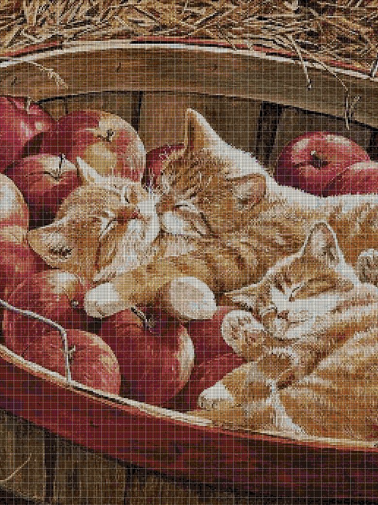 Kitty on apples cross stitch pattern in pdf DMC