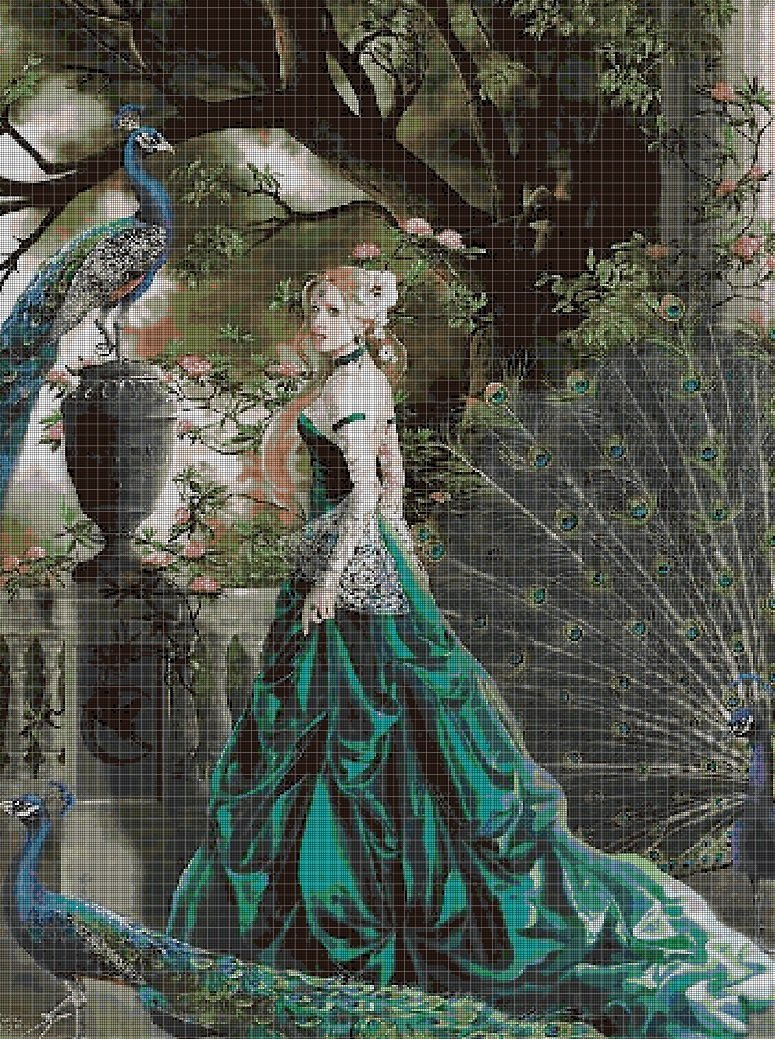 Lady with peacocks cross stitch pattern in pdf DMC