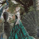 Lady with peacocks cross stitch pattern in pdf DMC