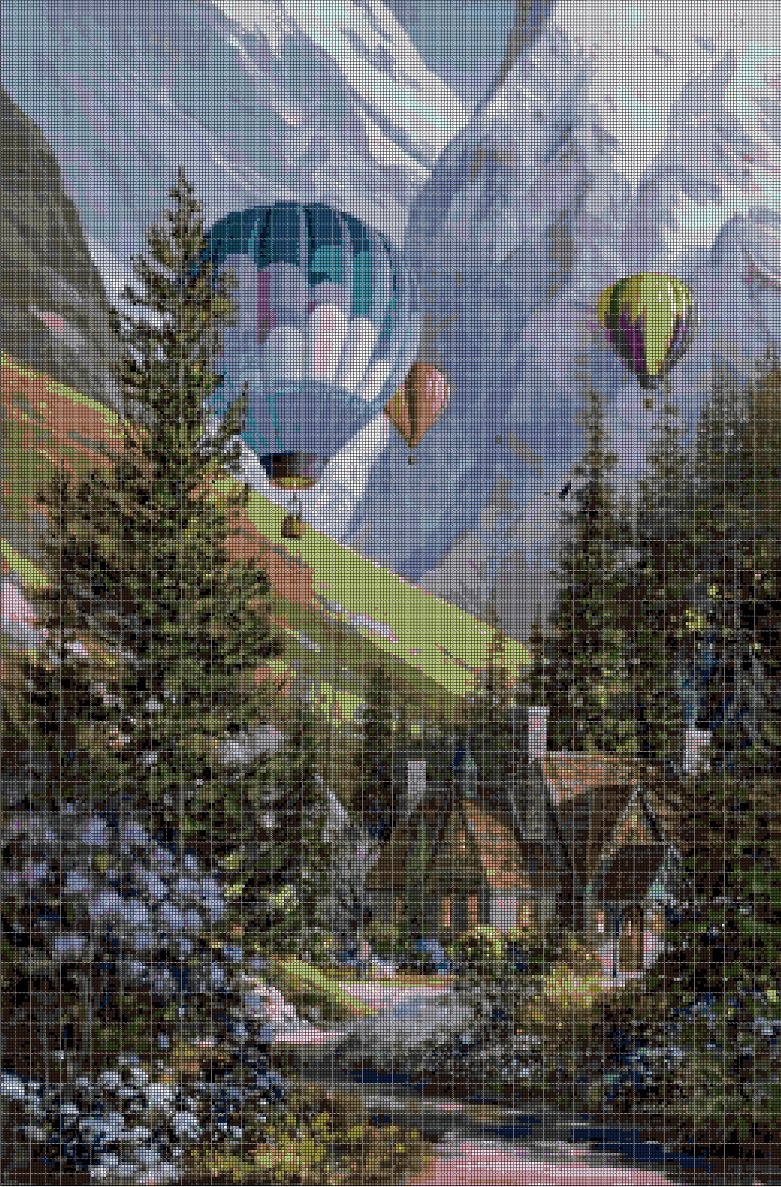 Landscape with ballons cross stitch pattern in pdf DMC