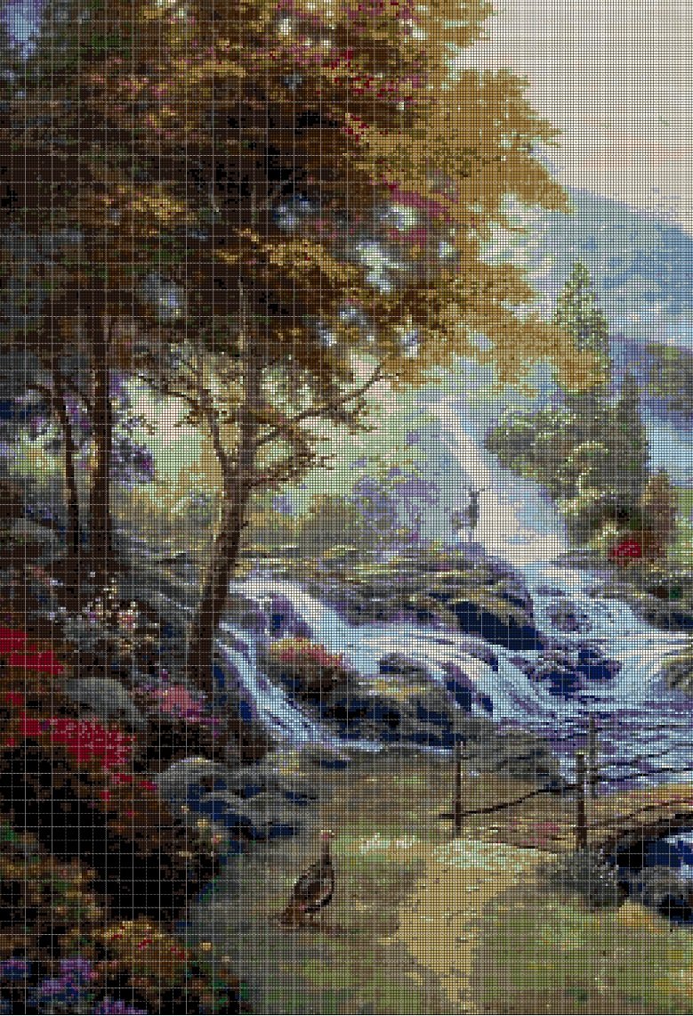 Landscape with waterfall cross stitch pattern in pdf DMC