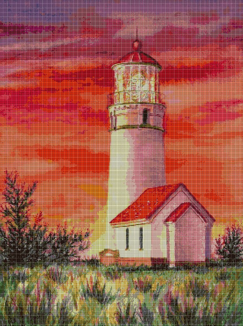 Lighthouse at twilight cross stitch pattern in pdf DMC