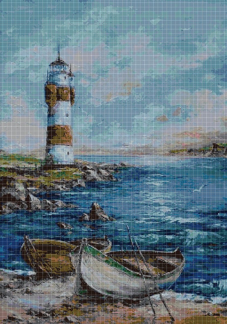 Lighthouse with boats cross stitch pattern in pdf DMC