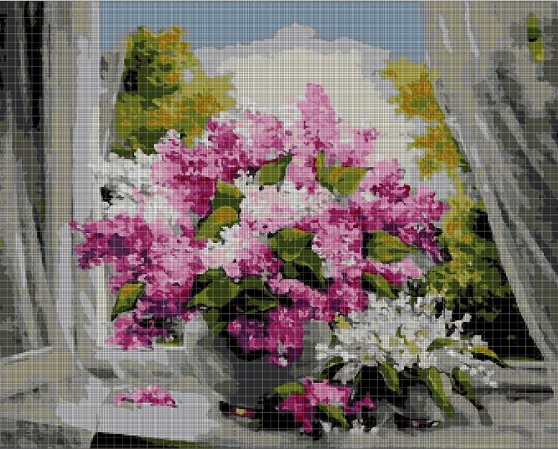 Lilac flower in the window cross stitch pattern in pdf DMC