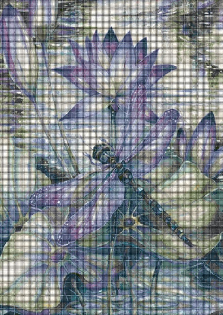 Lily with dragonfly cross stitch pattern in pdf DMC