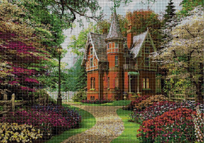 Little castle in park cross stitch pattern in pdf DMC