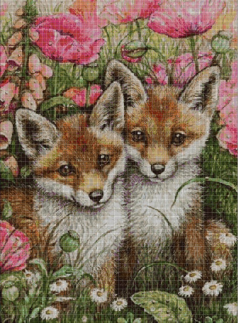 Little foxes cross stitch pattern in pdf DMC