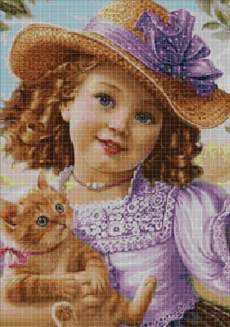 Little girl in purple cross stitch pattern in pdf DMC