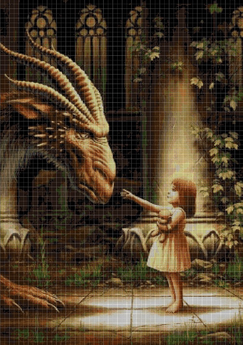 Little girl with dragon cross stitch pattern in pdf DMC