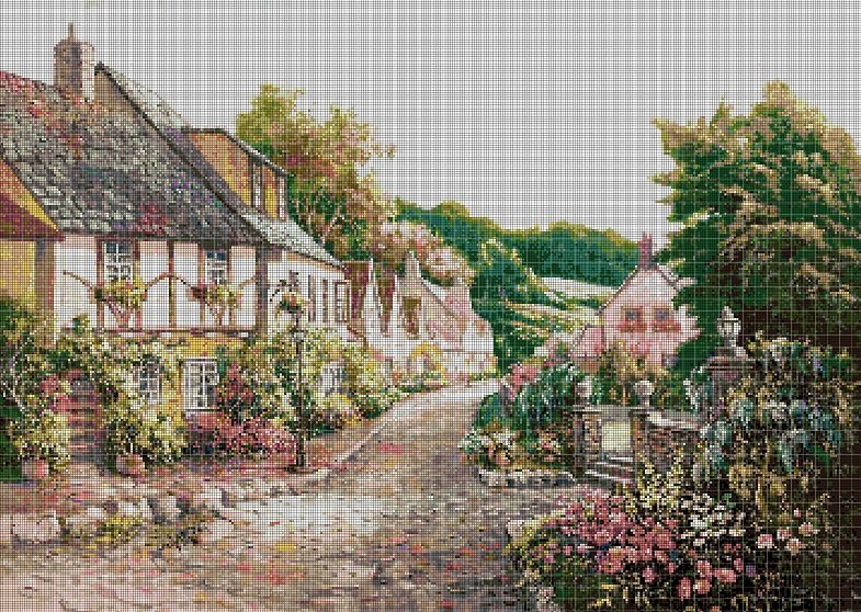 Little village landscape cross stitch pattern in pdf DMC