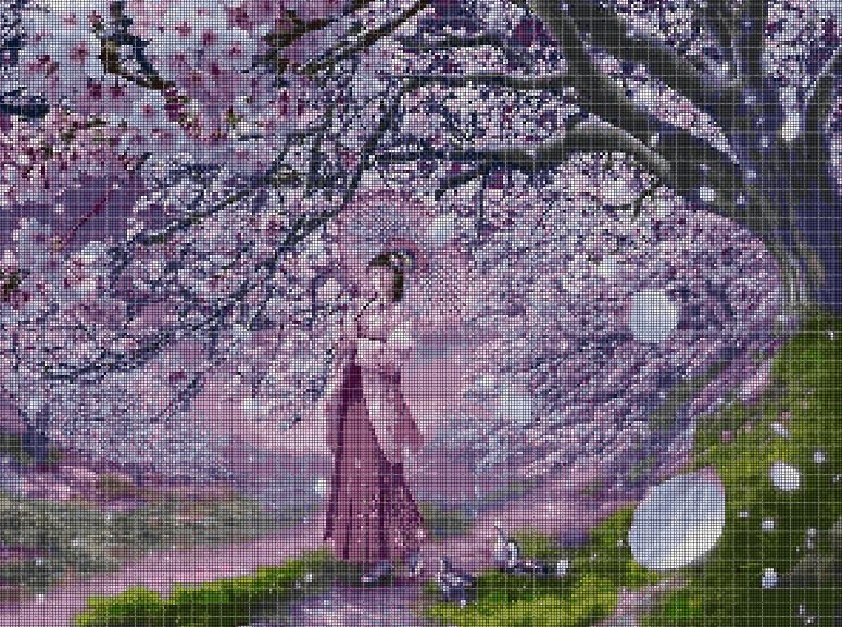 Cherry blossom tree cross stitch pattern in pdf DMC