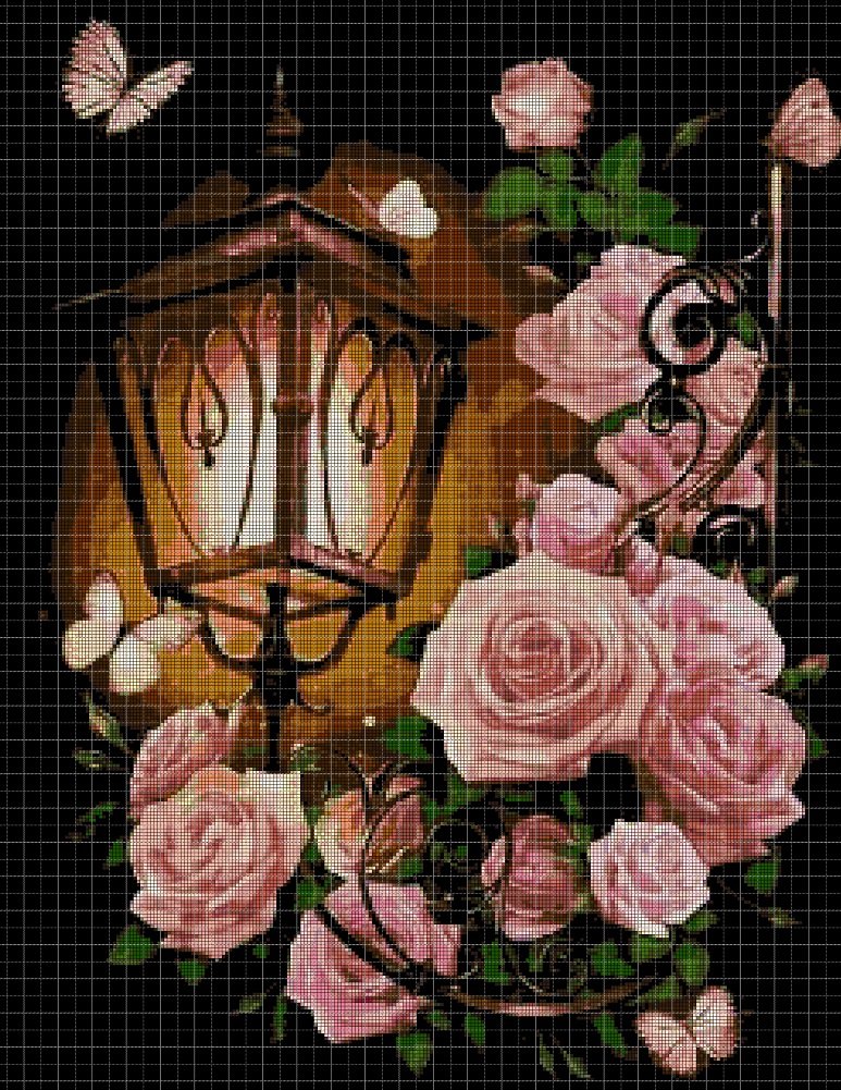 Lantern and roses cross stitch pattern in pdf DMC