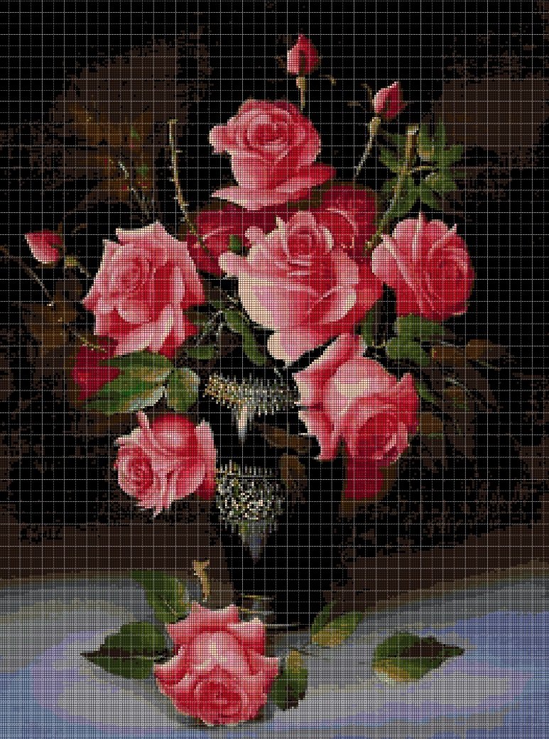 Roses in a vase 2 cross stitch pattern in pdf DMC