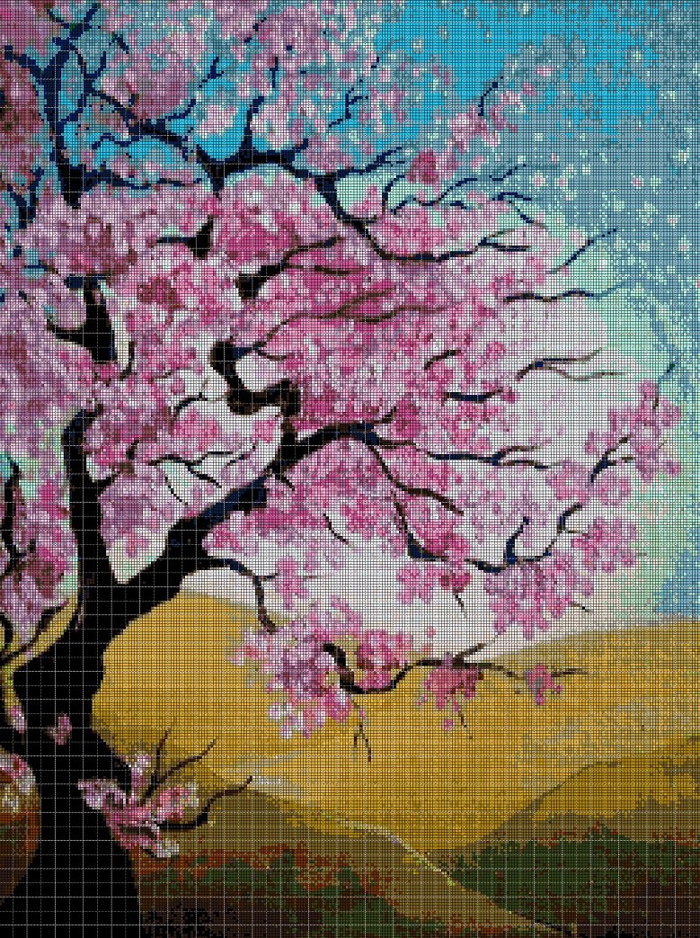 Blossoming cherry tree cross stitch pattern in pdf DMC