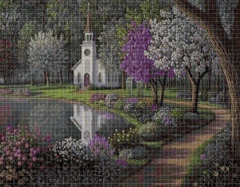 Church in a field of flowers cross stitch pattern in pdf DMC