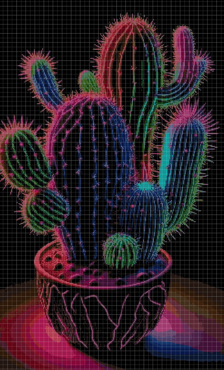 Neon cactus cross stitch pattern in pdf DMC