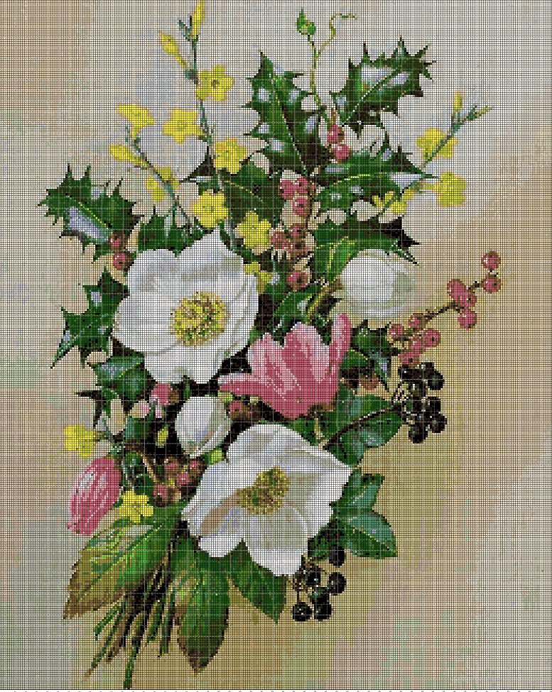 Dog rose holly mistletoe and larkspur cross stitch pattern in pdf DMC