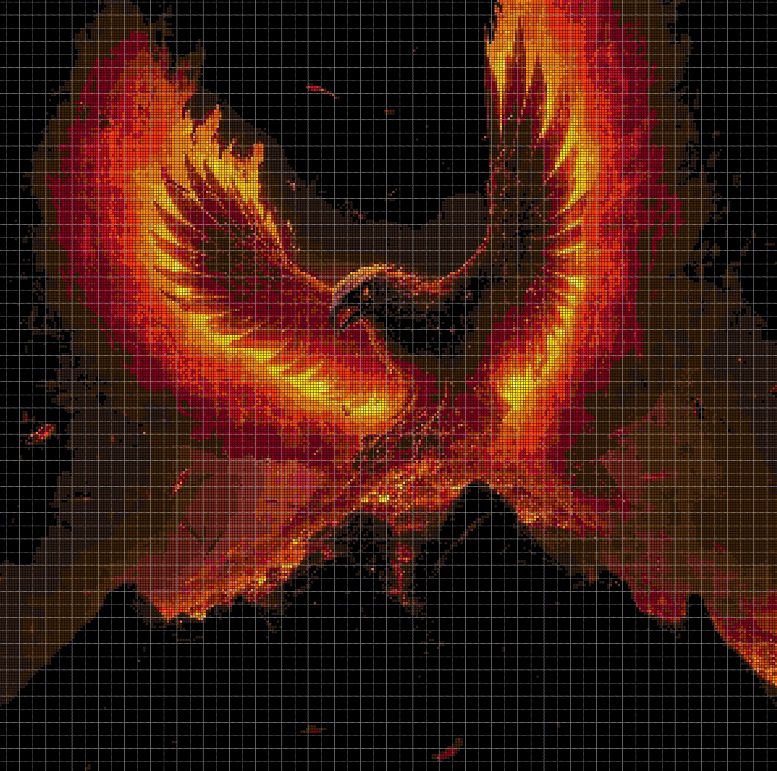 Flaming Phoenix cross stitch pattern in pdf DMC