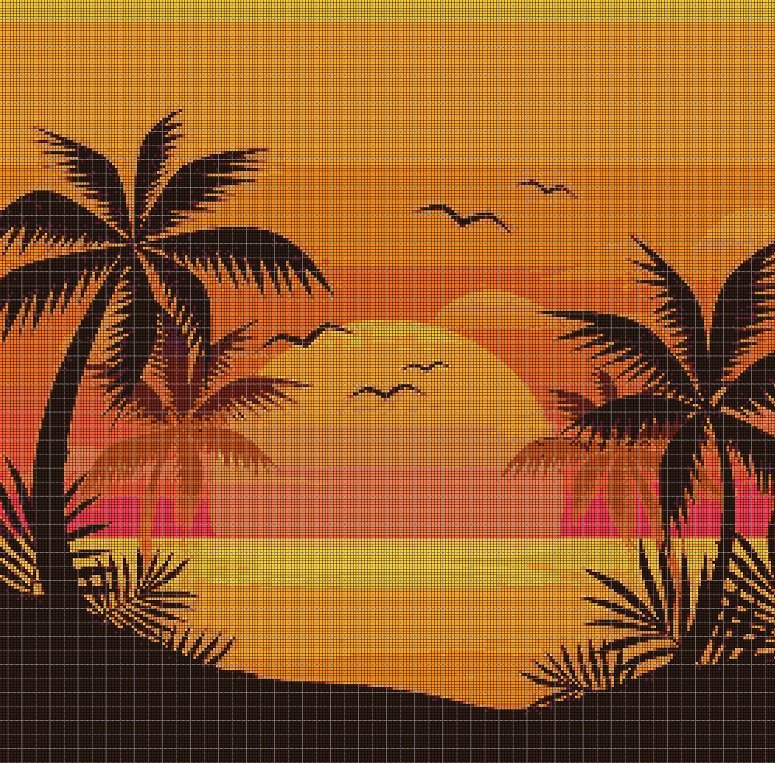 Sunset landscape silhouette cross stitch pattern in pdf