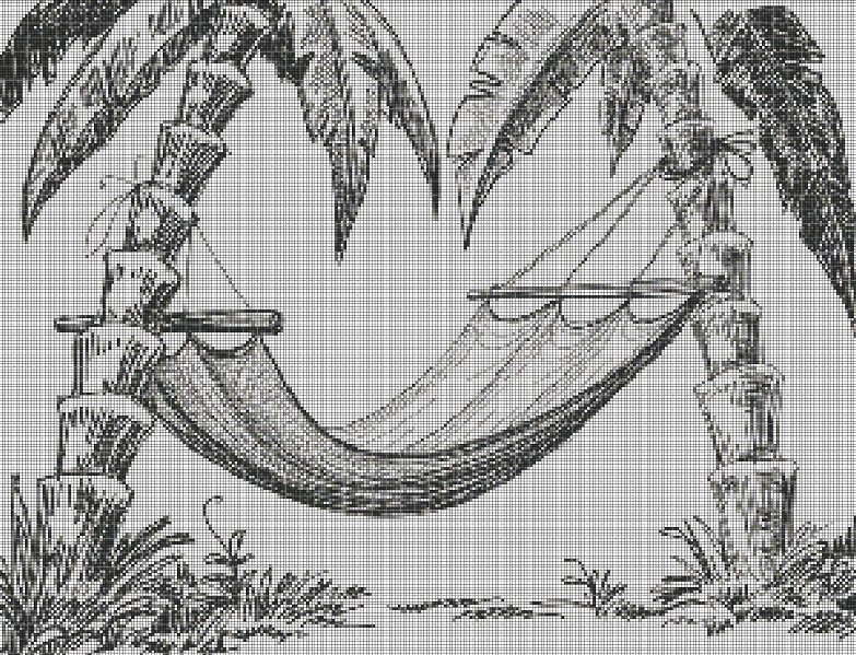 Hammock and palm trees silhouette cross stitch pattern in pdf