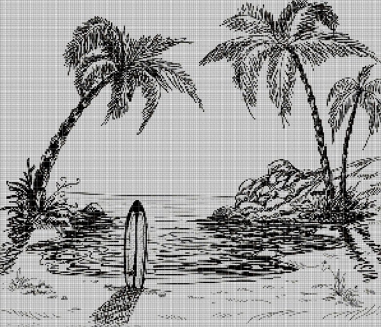 Palm trees and surfboard in the sand silhouette cross stitch pattern in pdf