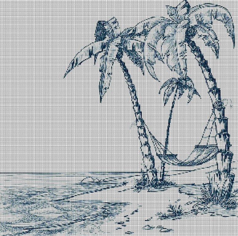 Tropical beach with palm trees silhouette cross stitch pattern in pdf