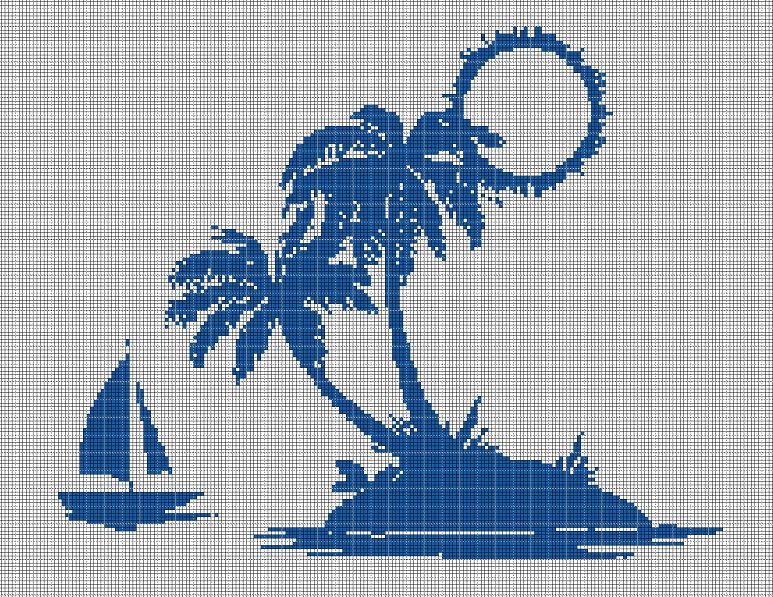 Find Ship Sun Tropical Sea Island Palm silhouette cross stitch pattern in pdf