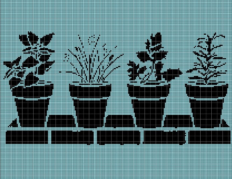 Potted flowers silhouette cross stitch pattern in pdf