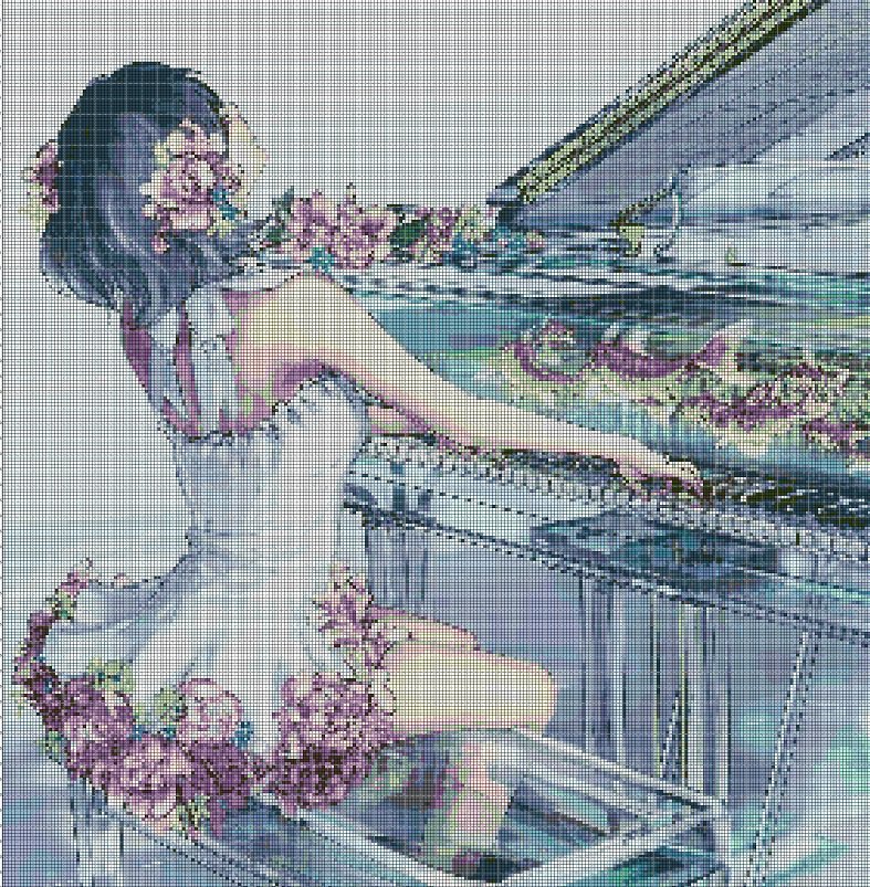 Modern Girl playing the piano cross stitch pattern in pdf DMC