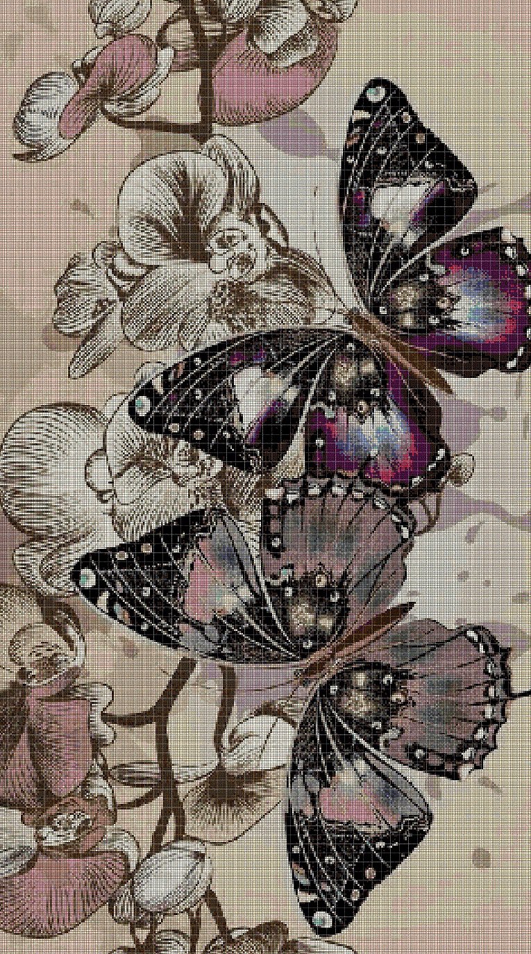 Orchids and butterflies cross stitch pattern in pdf DMC