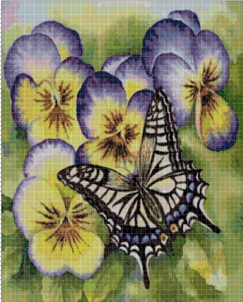 Pansies with butterfly cross stitch pattern in pdf DMC
