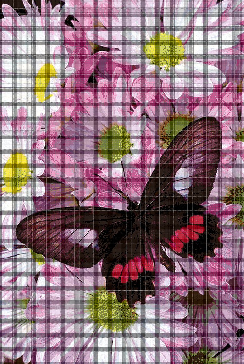 Pink flowers and butterfly cross stitch pattern in pdf DMC
