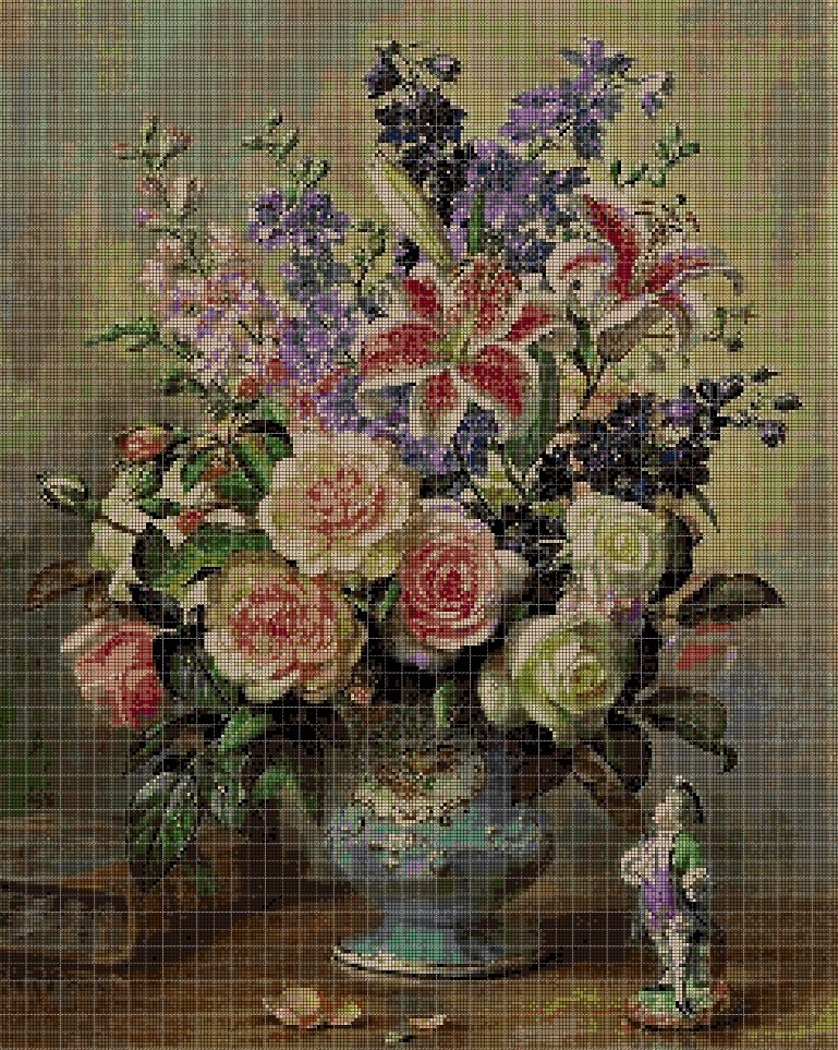 Roses Lilies and Delphiniums cross stitch pattern in pdf DMC