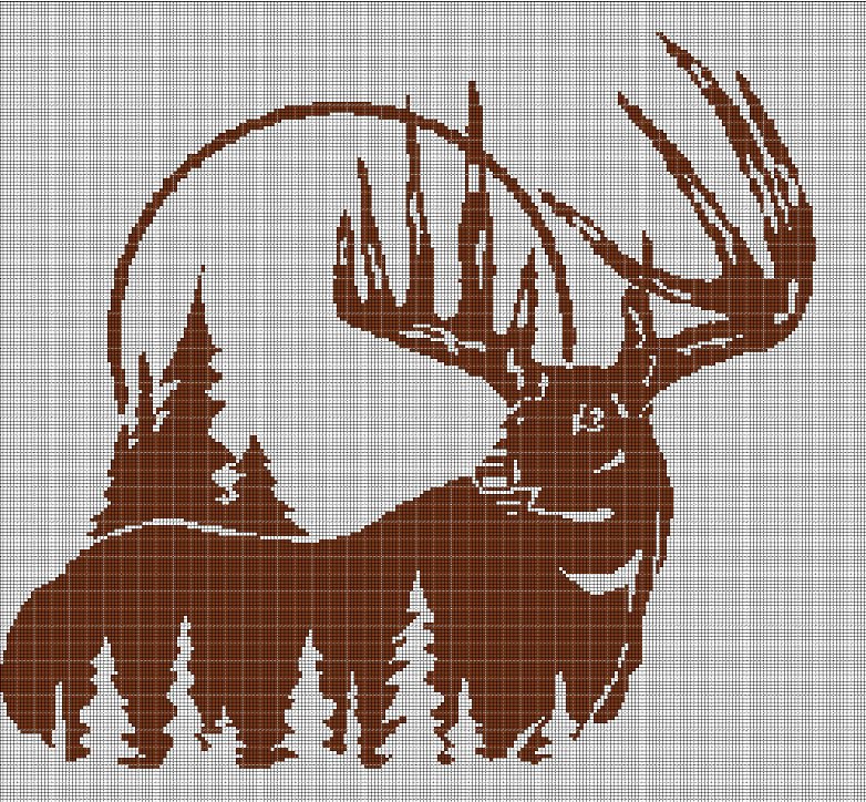 Landscape with deer silhouette cross stitch pattern in pdf