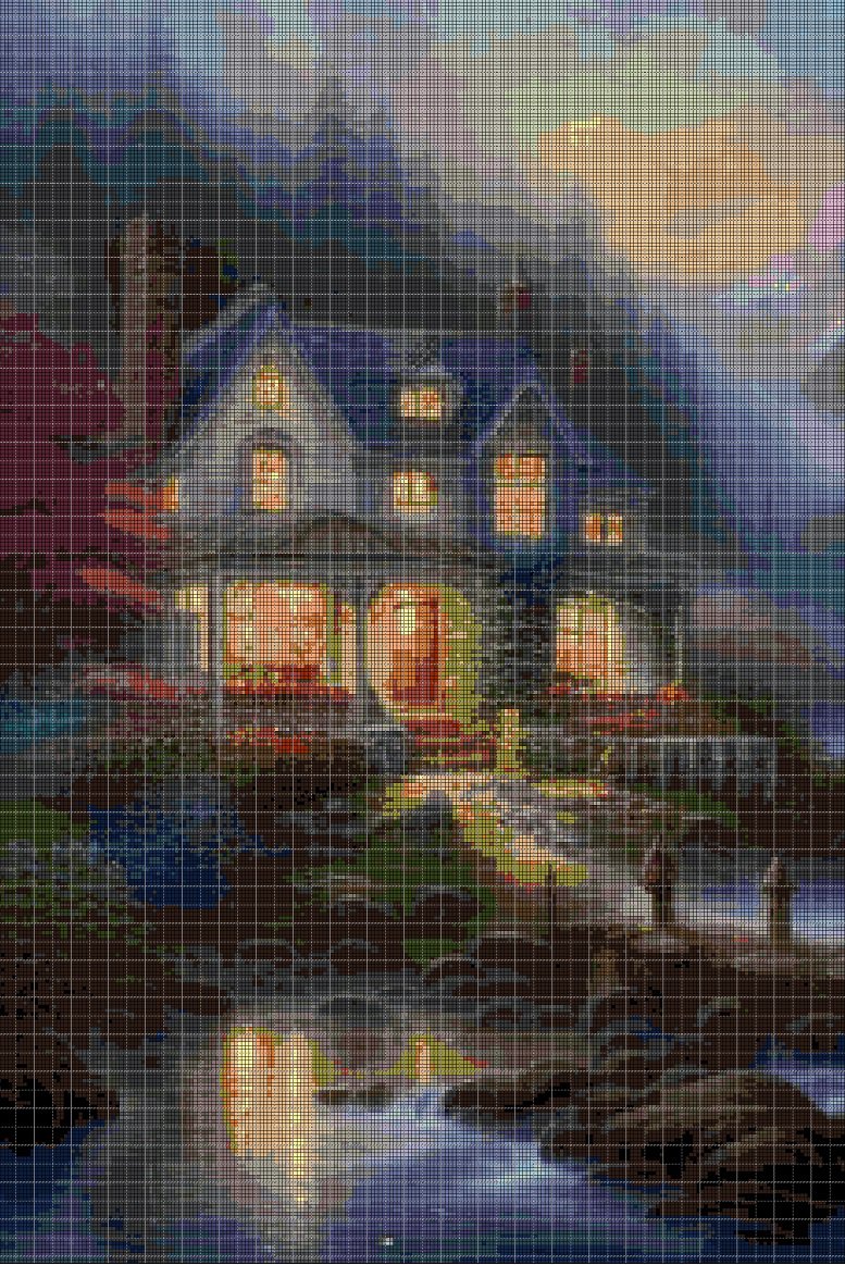 House in night cross stitch pattern in pdf DMC
