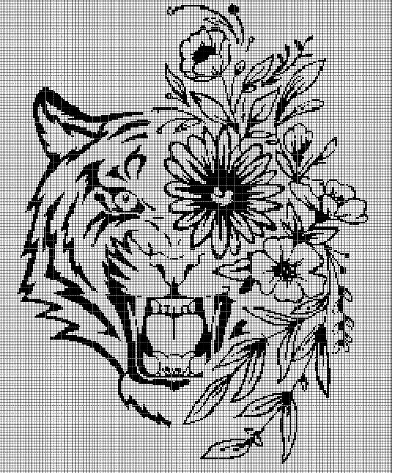 Tiger head with flowers silhouette cross stitch pattern in pdf
