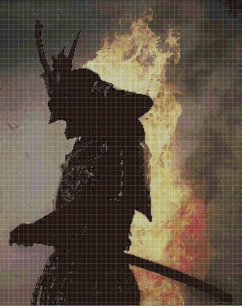 Fire samurai cross stitch pattern in pdf DMC