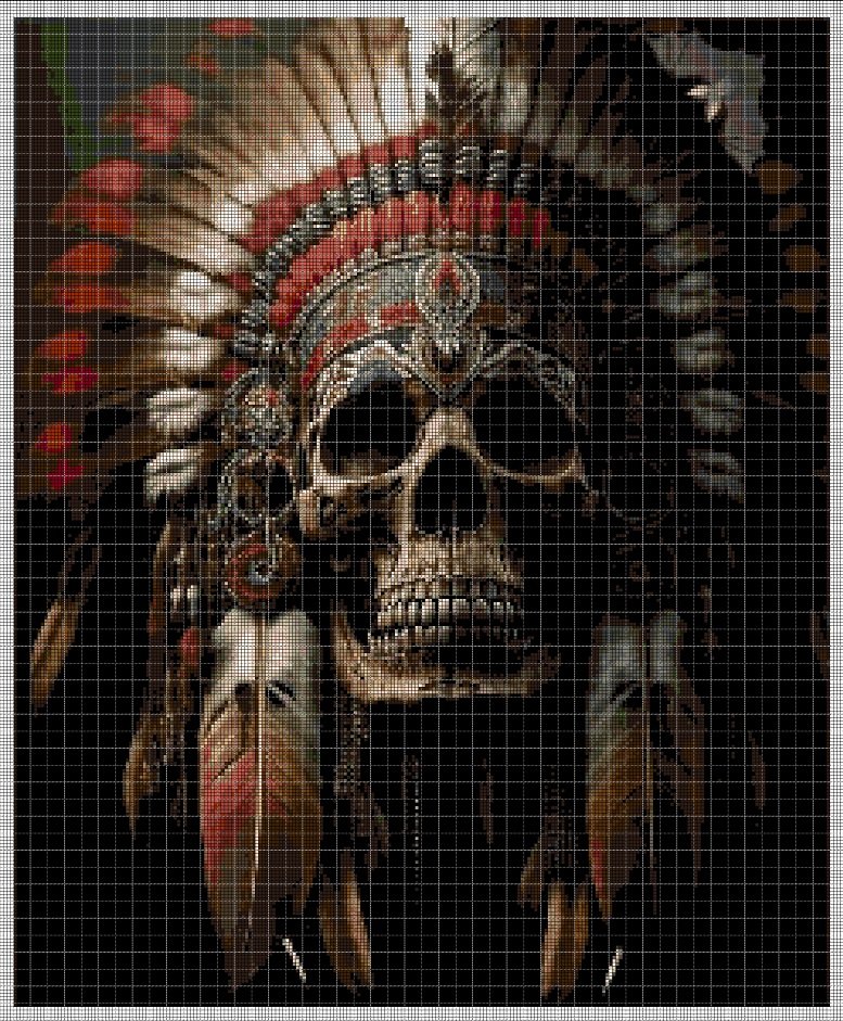 Native skull shaman cross stitch pattern in pdf DMC