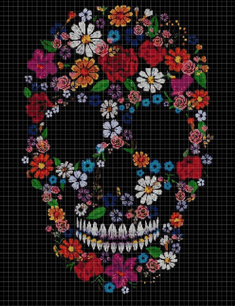 Floral Skull cross stitch pattern in pdf DMC