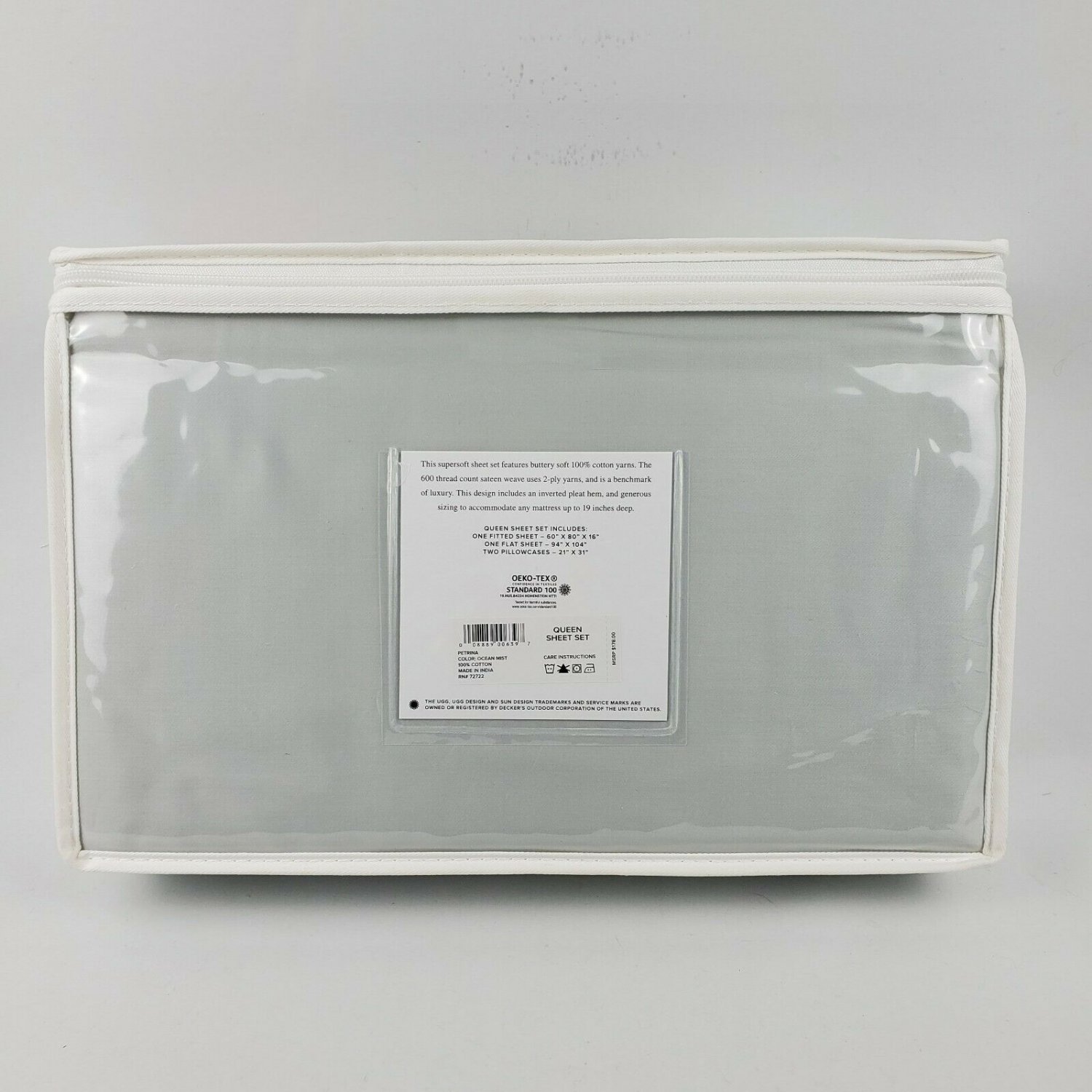 UGG Petrina TwoPly 600 Thread Count 100 Cotton Fabric Queen Sheets Ocean Mist