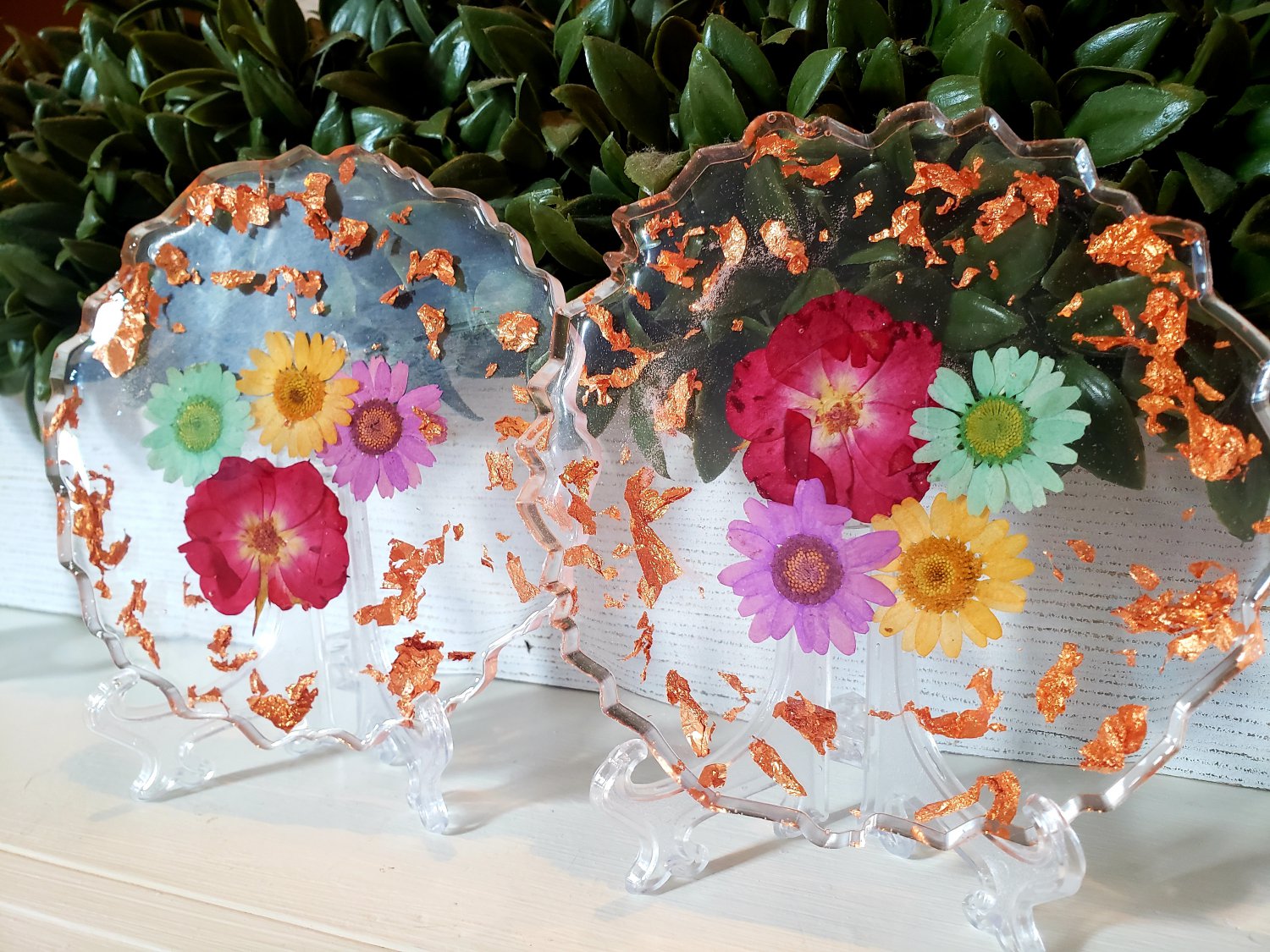 Clear Pressed Flower Acrylic Coasters with Rose Gold flake (SET OF 2)