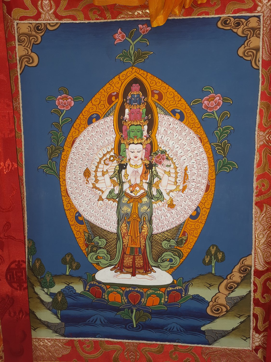 Avalokitesvara Hand Painted Tibetan Thangka With Silk Framed From Nepal