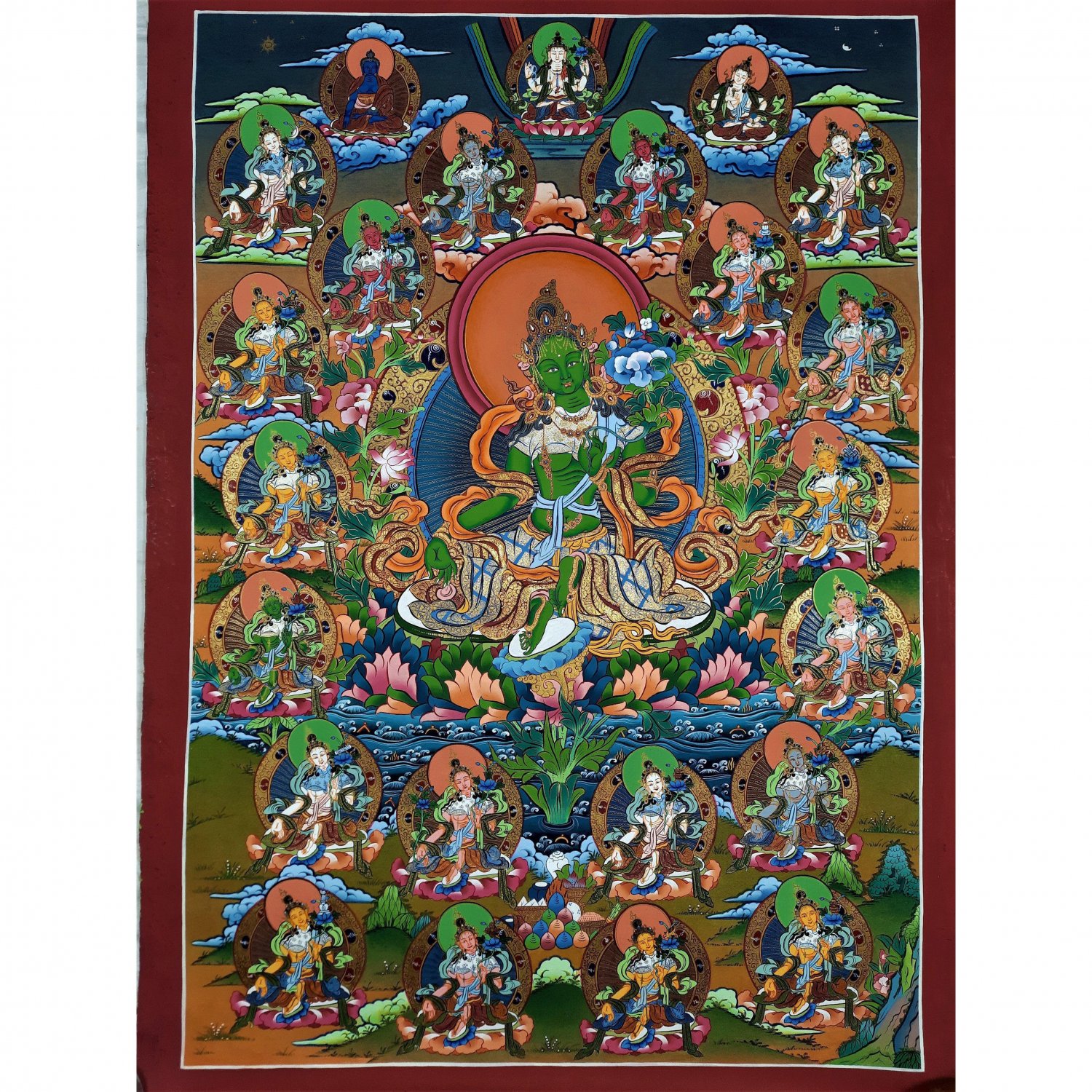 Original Large 21 Tara Hand Painted Tibetan Thangka Painting From Nepal