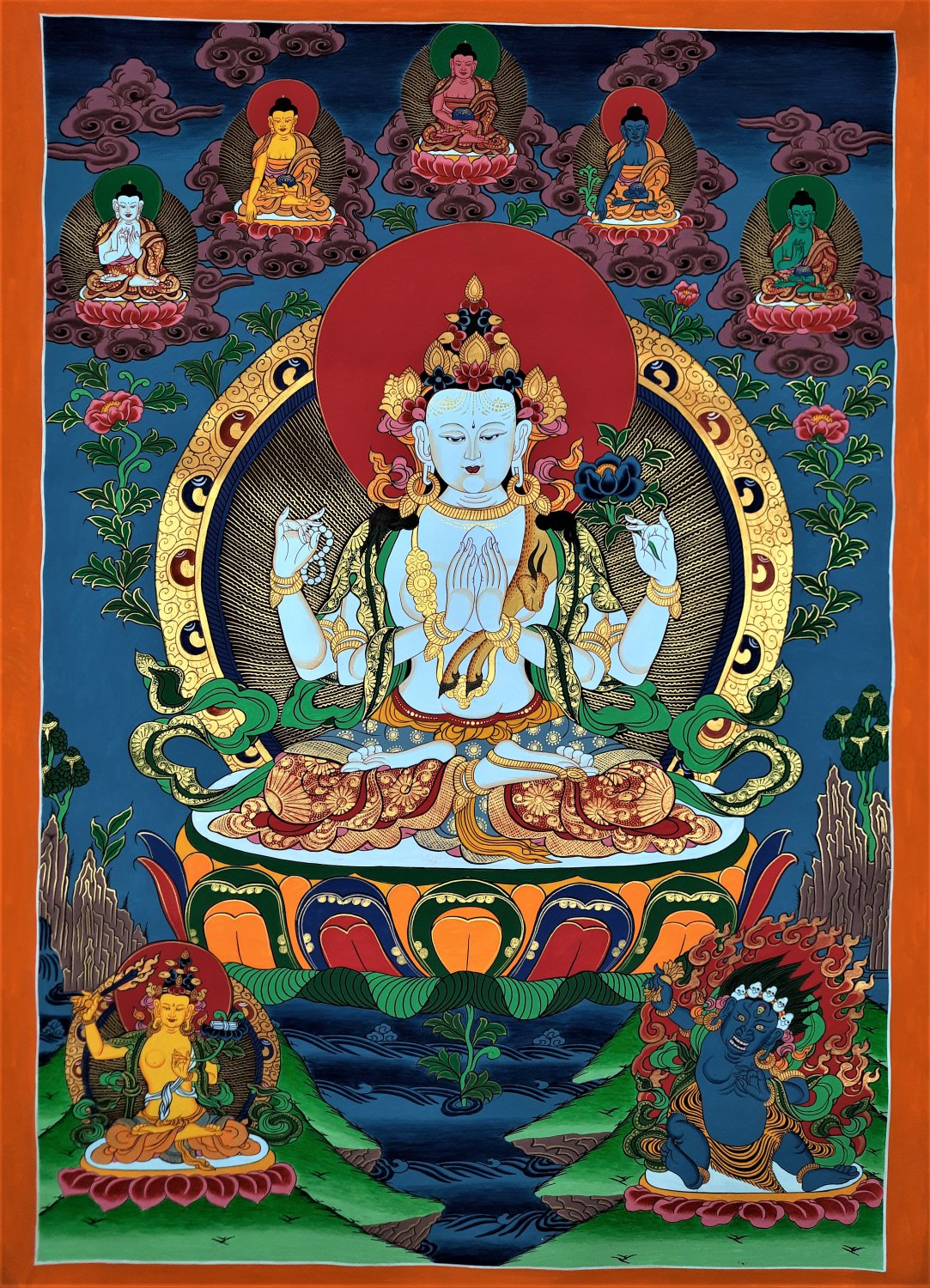 Chengrezig Thangka,Avalokitesvara thangka-with 24 karat Gold