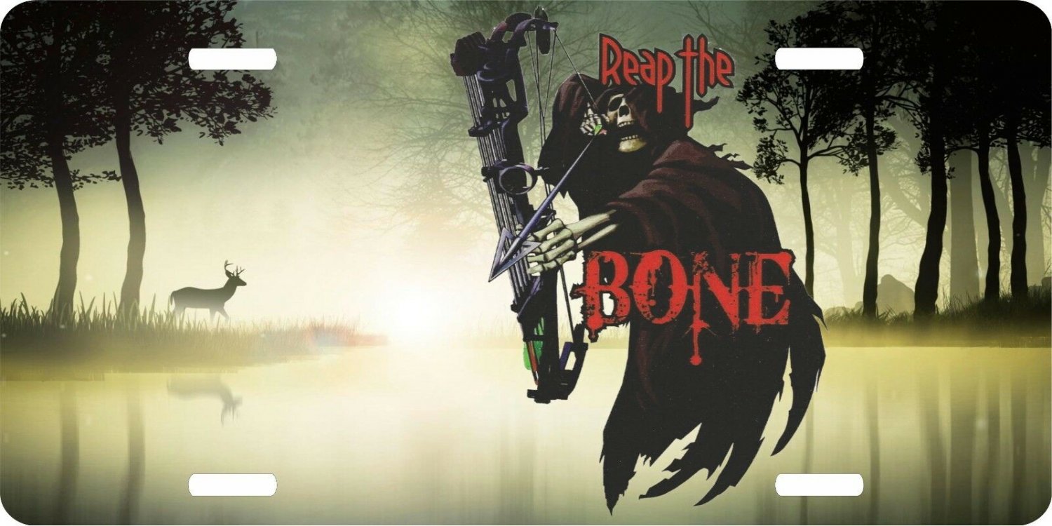 Hunting Grim Reaper Bone Bow Deer Hunter Lake License Plate Car Truck Tag