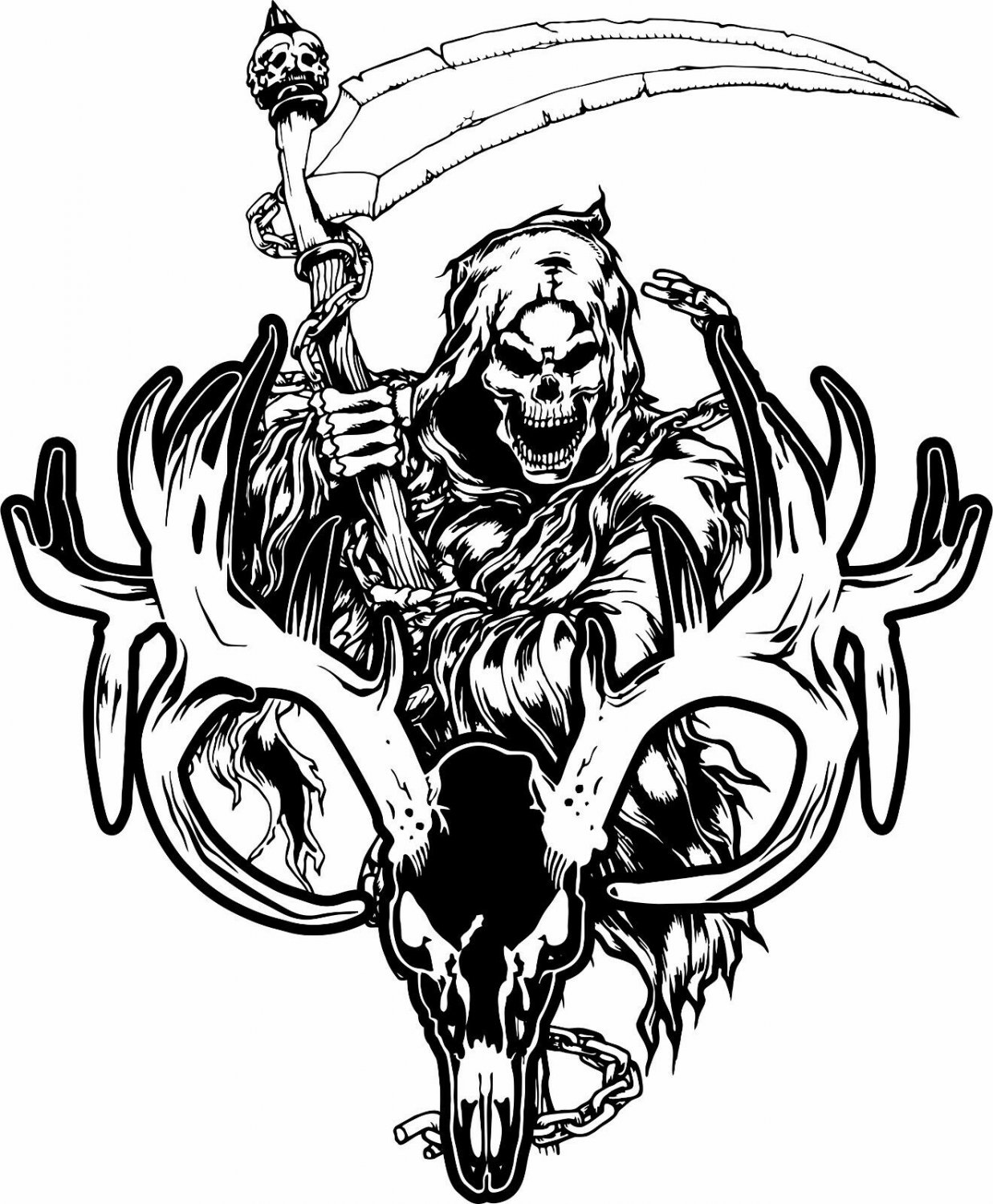 Grim Reaper Deer Skull Bone Hunting Scythe Car Truck Window Vinyl Decal Sticker