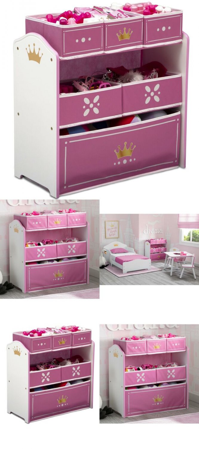 Princess Crown Multi Bin Toy Storage Pink Children Kids Organizer Space
