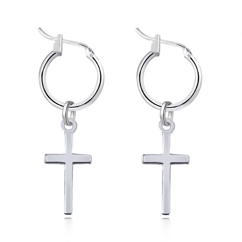 Unisex Mens Boys Women Girls Polished Gold Silver Cross Dangle Drop Earrings