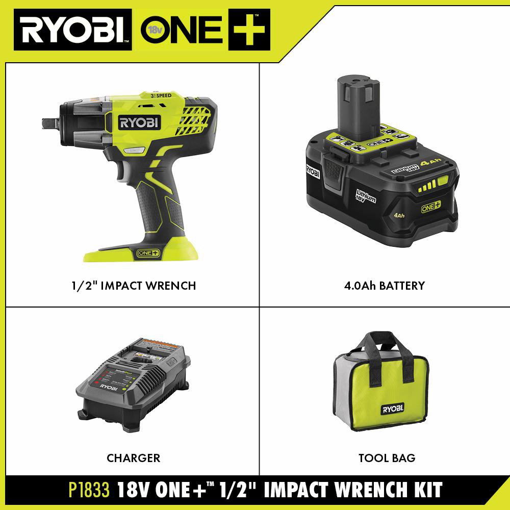 Ryobi P1833 18Volt ONE+ LithiumIon Cordless 3Speed 1/2 in. Impact