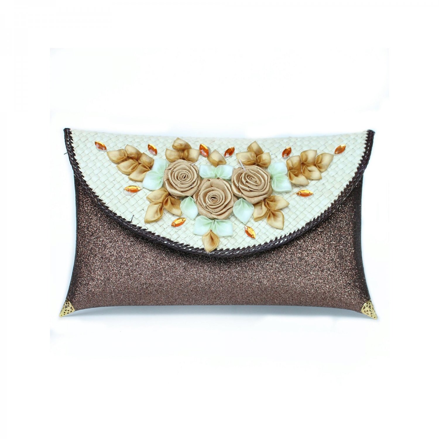 Pandan Clutch bag with Glitter Color and Flower Embroidery, Woman Accessories, Indonesia Craft